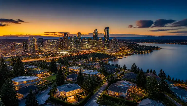 Luxury Eastside neighborhood at dusk near Bellevue, Washington