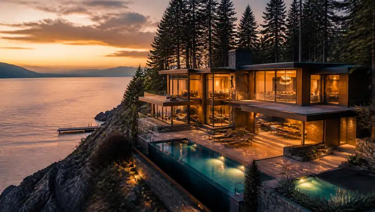 Luxury modern lakefront home in Bellevue and the Seattle Eastside at dusk